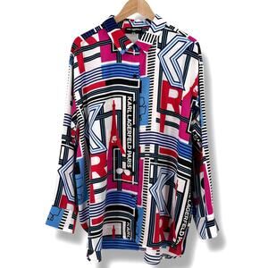 Karl Lagerfeld Logo Paris Graphic Print Button Front Shirt Womens Sz XL